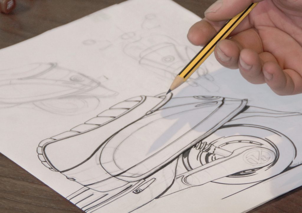 Skizzen von einem Kumpan Elektroroller mit Bleistift 